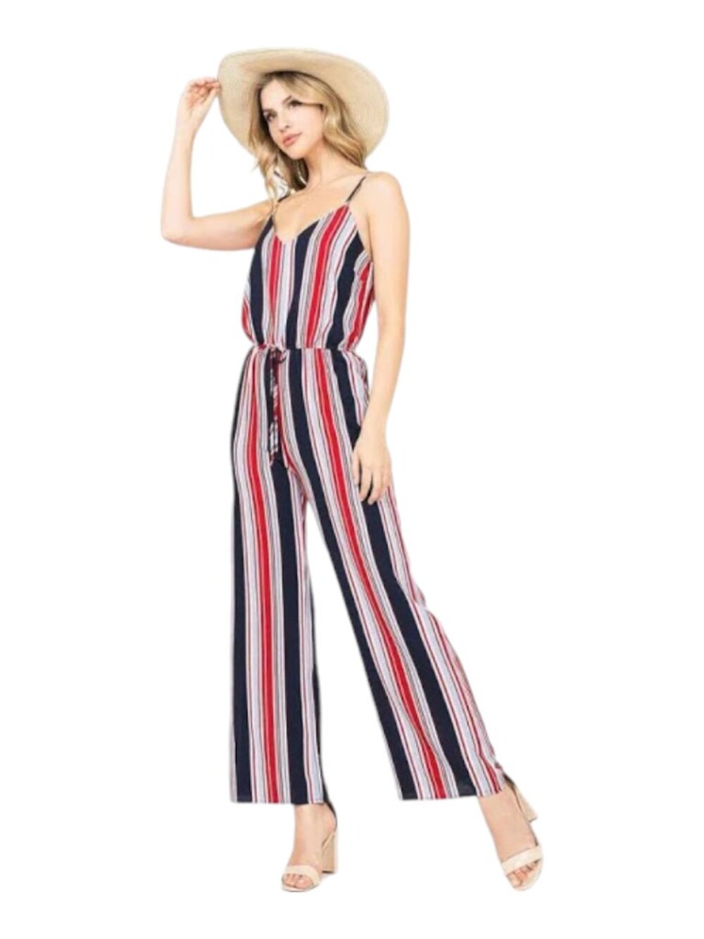 Ambiance Navy, Red & White Vertical Stripe Spaghetti-Strap Jumpsuit